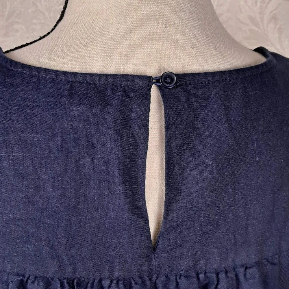 J Crew Size Medium Navy Blue Shift Dress Green Embroidery Linen/Cotton Slvls EUC